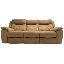 Electric reclining three-seat sofa (W213cm, H100cm) and matching armchair (W109cm) upholstered in brown fabric