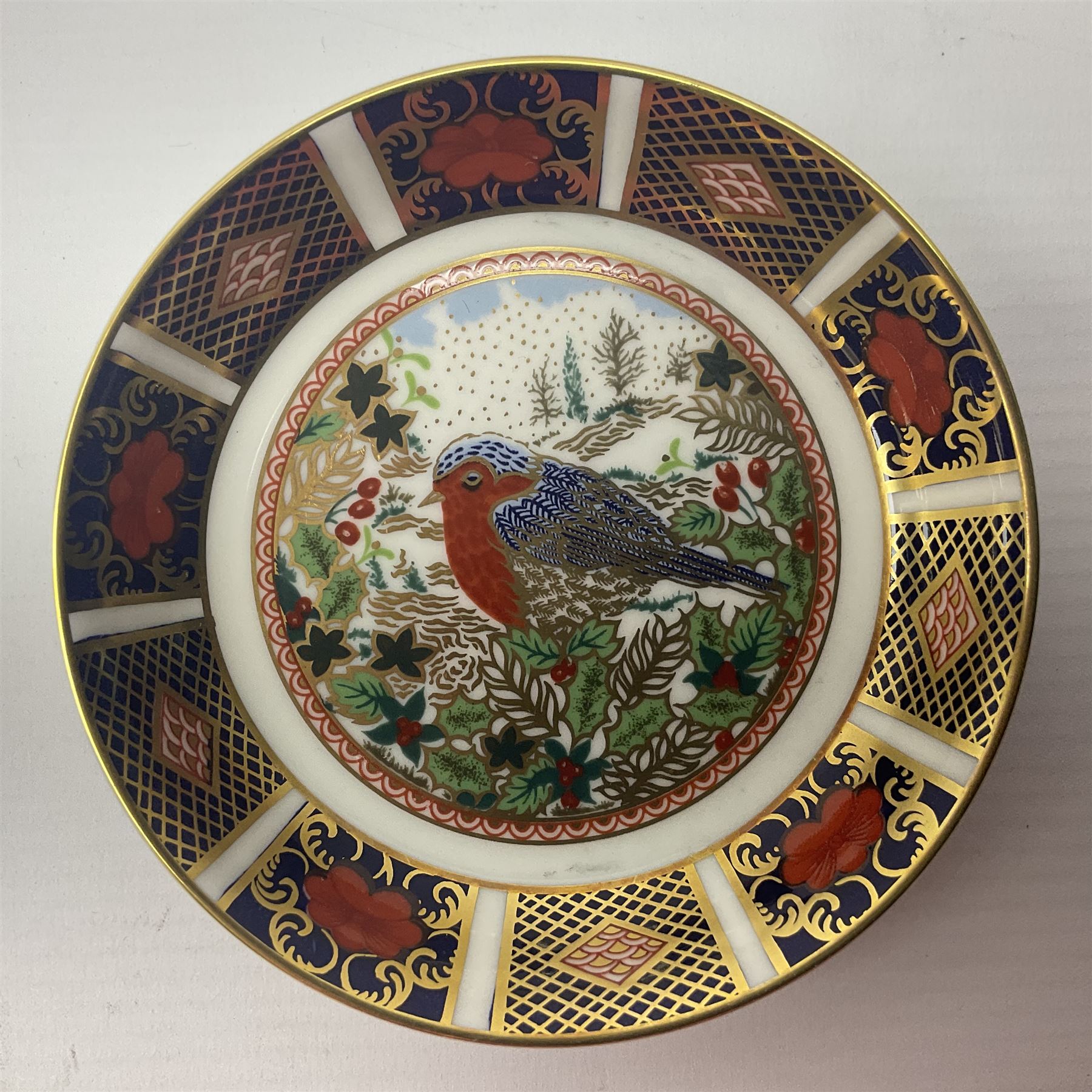 Royal Crown Derby paperweight Drummer Teddy with gold stopper, together with pattern 1128 Imari side plate and Old Imari Christmas Robin pin dish