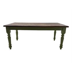 Hardwood dining table, rectangular top on laurel green painted base, fitted with turned supports 