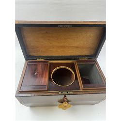 Georgian sarcophogus shaped tea caddy, with inlaid panels and twin lion mask handles, with mahogany compartmentalised interior, upon four bun feet, H22cm