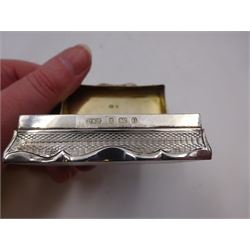 Edwardian silver snuff box, of rectangular form, with shaped edges, engine turned decoration throughout and engraved cartouche to hinged cover, opening to reveal a gilt interior, hallmarked Henry Charles Freeman, Birmingham 1904, W6cm