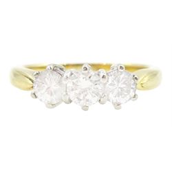 18ct gold three stone round brilliant cut diamond ring, Birmingham 1989, total diamond wei...