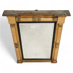 Regency gilt and gesso framed pier glass mirror, inverted break-front pediment over acanthus moulded half pilasters of Neoclassical design, rectangular bevelled plate within ebonised reeded slip