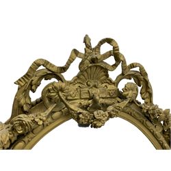 19th century giltwood and gesso girandole wall mirror, the raised pediment decorated with ribbon tie over curled acanthus leaves and flowerhead festoons, oval egg and dart moulded frame with outer bead, three projecting candle sconces in the form of scrolled acanthus leaves, lower shell motif with extending leaf decoration 