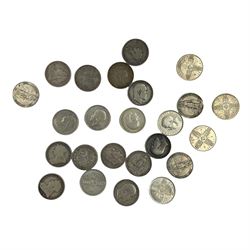 Twenty-four silver one florin coins, dated Queen Victoria 1887, 1888, 1889, 1894, 1895, 1898, two 1900, King Edward VII 902, 1903, 1904, 1906, 1907, 1908, 1909, 1910, King George V 1911, 1912, 1914, 1915, 1916, 1918, 1919 and 1920