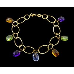 9ct gold multi gemstone oval link bracelet including amethyst, peridot and citrine, hallmarked