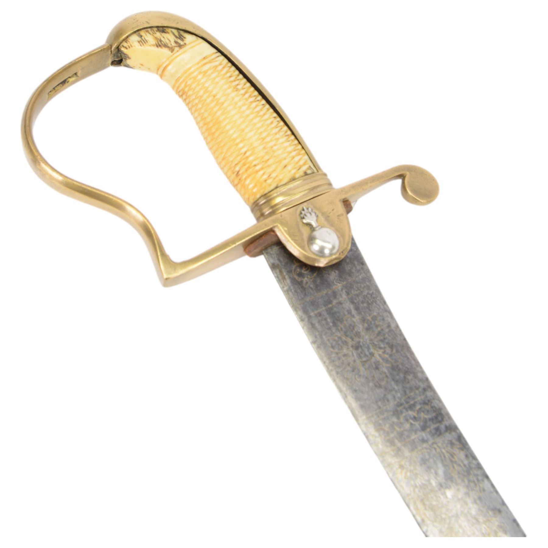 George III  British Grenadier Officer's private purchase scimitar, the 71.5cm curving blade with traces of bluing and gilding, brass hilt with D-shaped langets, one applied with a flaming grenade, knucklebow and chequered ivory grip; in leather covered scabbard with copper or brass mounts and two suspension rings, L86.5cm overall
This item has been registered for sale under Section 10 of the APHA Ivory Act 