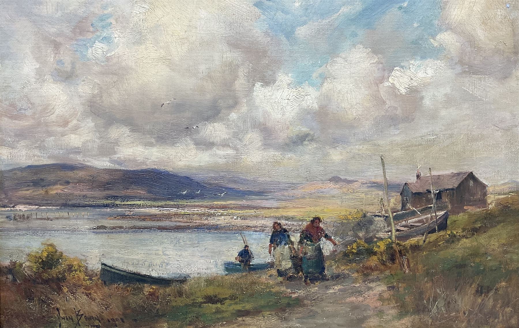 Owen Bowen (Staithes Group 1873-1967): Bringing in the Catch, oil on canvas signed and dated 1901, 34cm x 52cm