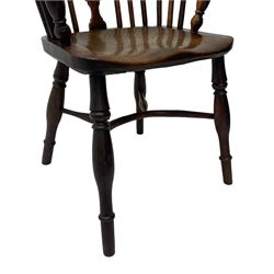 19th century yew wood and elm Windsor armchair, low double hoop stick and pierced splat back, dished seat on turned supports united by crinoline stretchers