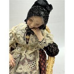 Anna Meszaros (Hungarian 1905-1998): 'My Great Granny', handmade needlework figurine, together with small plaster cast of a young boy by the same artist, granny H30cm
Auctioneer's Note: Anna Meszaros came to England from her native Hungary in 1959 to marry an English businessman she met while demonstrating her art at the 1958 Brussels Exhibition. Shortly before she left for England she was awarded the title of Folk Artist Master by the Hungarian Government. Anna was a gifted painter of mainly portraits and sculptress before starting to make her figurines which are completely hand made and unique, each with a character and expression of its own. The hands, feet and face are sculptured by layering the material and pulling the features into place with needle and thread. She died in Hull in 1998