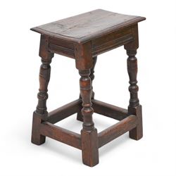 18th century oak joint stool, moulded rectangular top over geometric carved and moulded frieze rails, on turned supports united by plain stretchers 