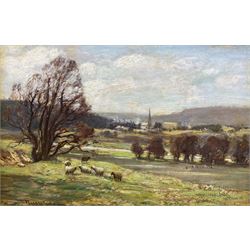 William Charles Rushton (British 1860-1921): Yorkshire Landscape with Sheep and Town in th...