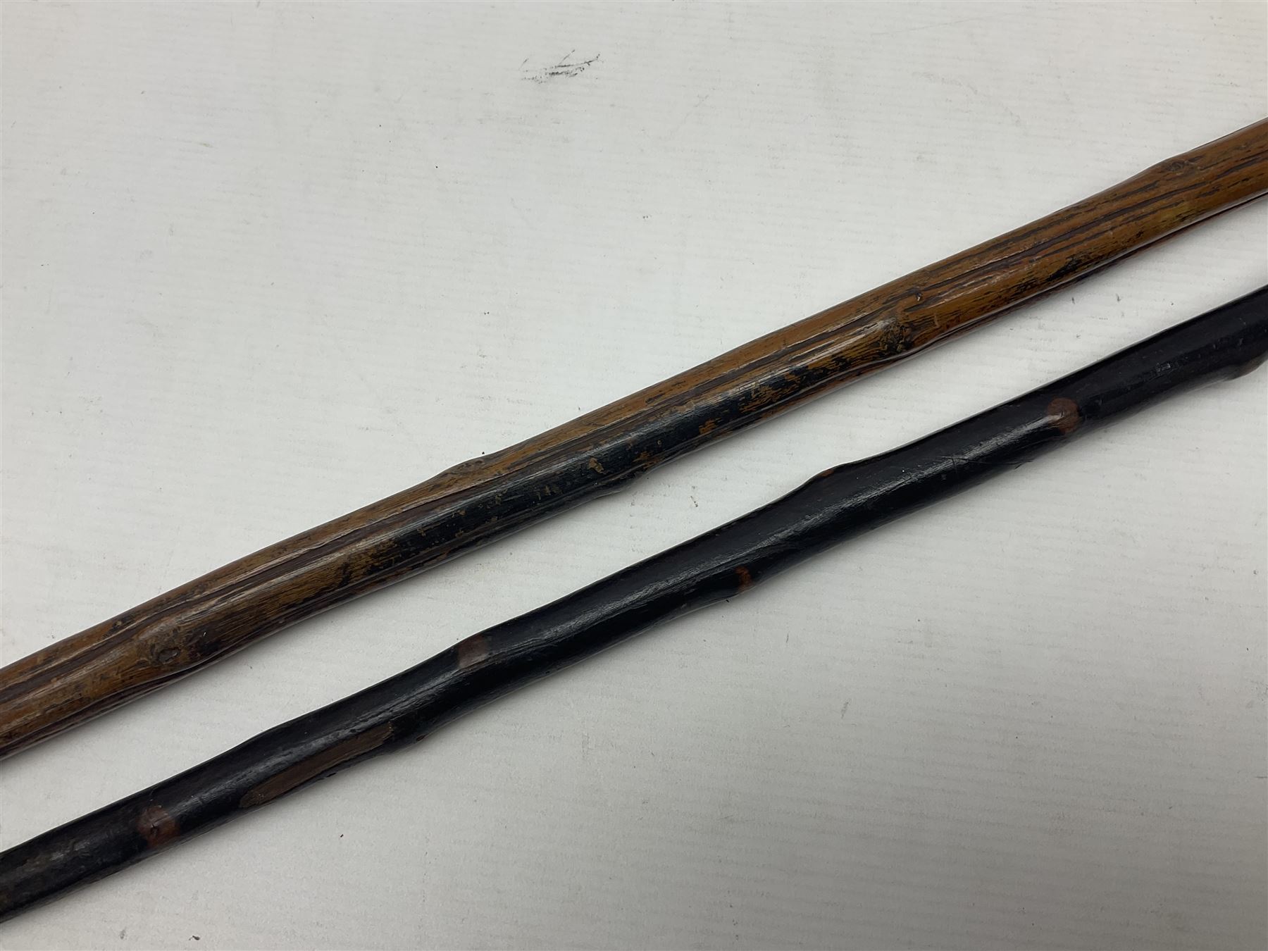 Two wooden walking sticks, both with comparts that would have housed horse measures, H88cm