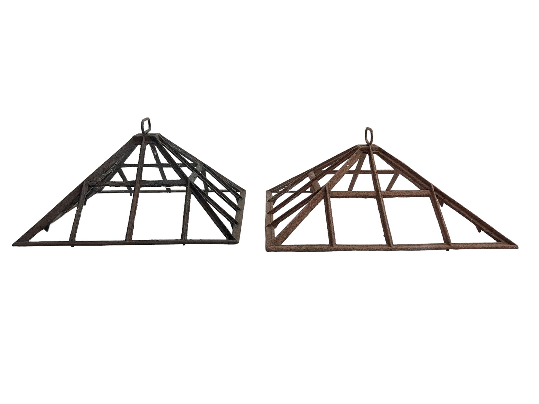 Two 19th century cast iron cloche lid frames, pyramid form with astragal frame, with carrying handle