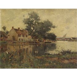 Harold Waite (British 1870-1939): Riverside Cottage with Boats, oil on canvas signed 35cm x 45cm