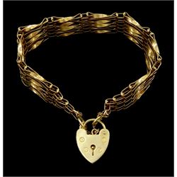 9ct gold six bar gate bracelet, with heart locket clasp, hallmarked