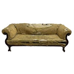 19th century mahogany settee, rolled S-scrolled arms carved with lion masks and acanthus leaf scrolls, the lower moulded rail carved with scrolling design, raised on carved paw feet with recessed brass and ceramic castors 