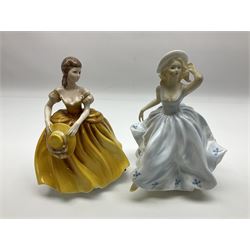 Royal Worcester figure, First Dance no 3629, together with eight Coalport figures, to include Debbie, Emily, Helen etc