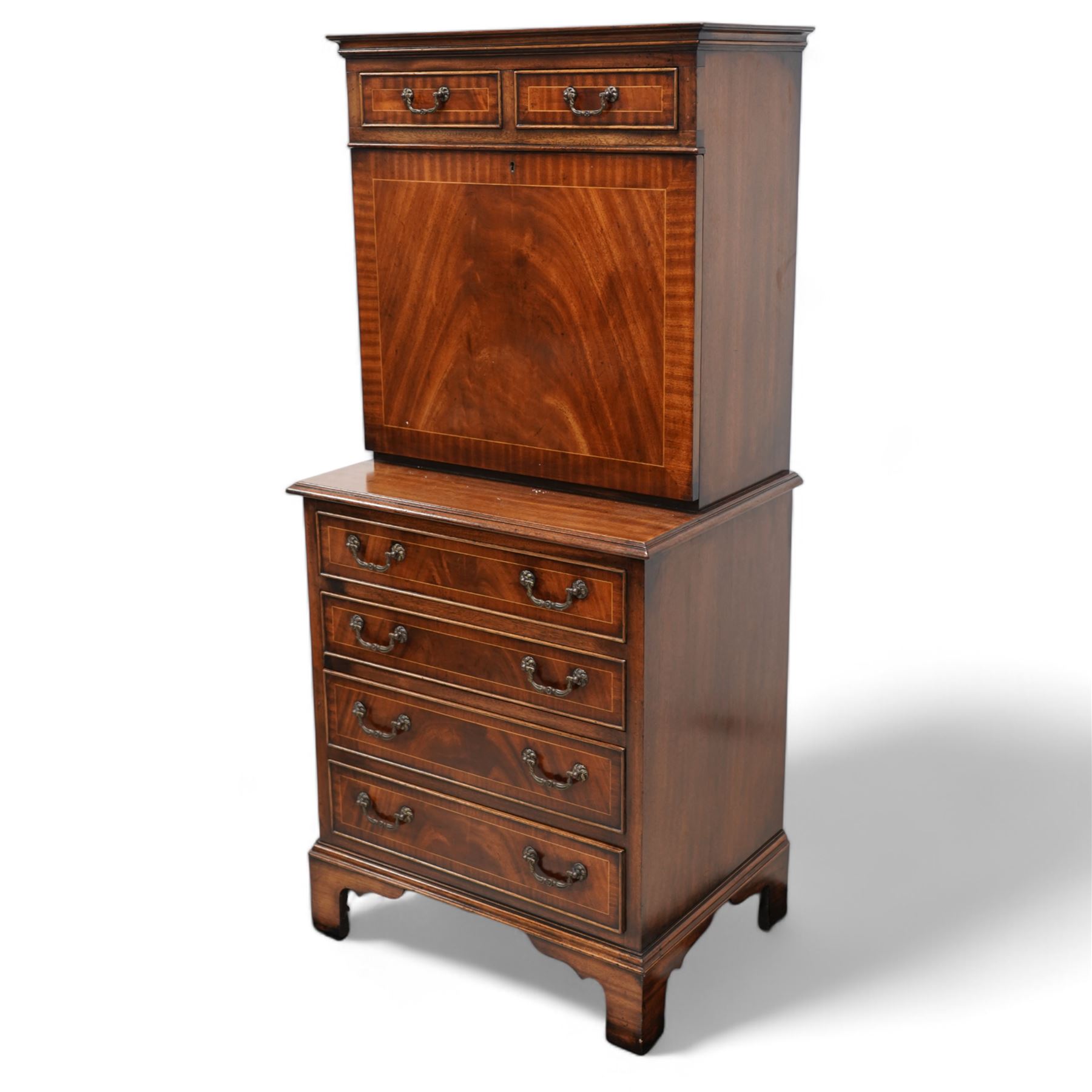 Georgian design inlaid mahogany secretaire writing chest, two cock-beaded drawers over fall-front enclosing fitted interior, over four long drawers, lower moulded edge on bracket feet