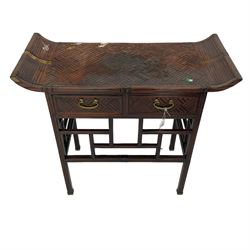 Chinese design bamboo and wood altar side table, parquetry lattice-work bamboo, fitted with two drawers over geometric rails