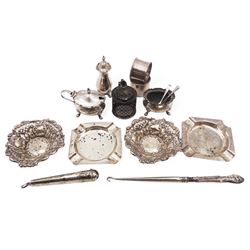 Group of silver, including silver handled button hook, cruet items, two ashtrays and two bon bon dishes, etc, all hallmarked 