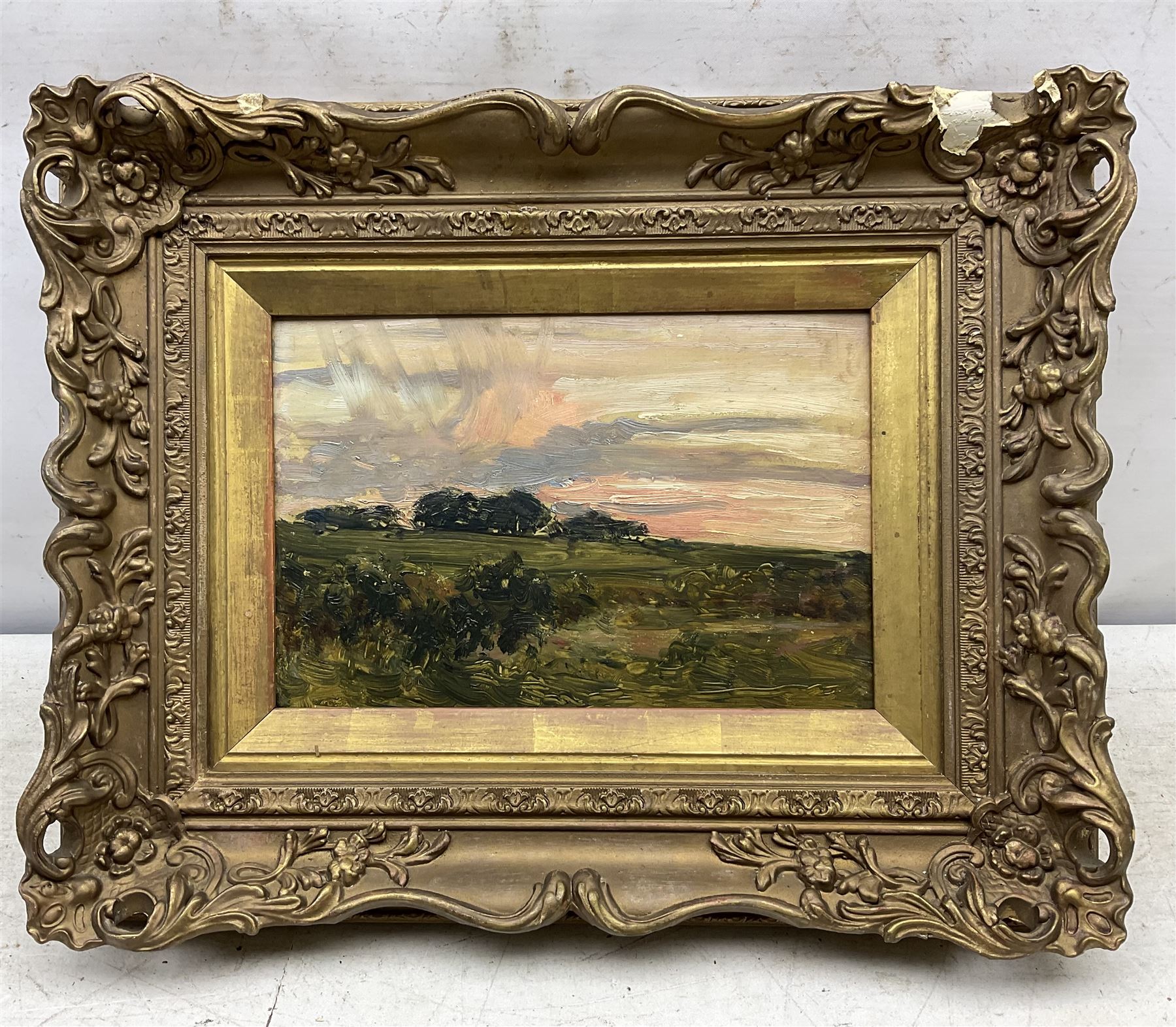 James Lawton Wingate RSA (Scottish 1846-1924): Sunset Over the Hills, oil on board unsigned, inscribed beneath mount verso 17cm x 26cm 