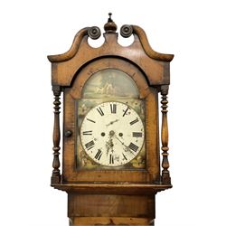 Late 19th century - oak and mahogany 8-day longcase clock, with a swan necked pediment, break arch hood door beneath flanked by ring turned pilasters, trunk with canted corners and a short wavy topped door, on a reduced plinth with no feet, painted dial with a depiction of a huntsman to the arch and game to the spandrels, with brass hands, Roman numerals and matching seconds and date dials, dial pinned directly to a rack striking movement, striking the hours on a bell. With pendulum and two weighs 