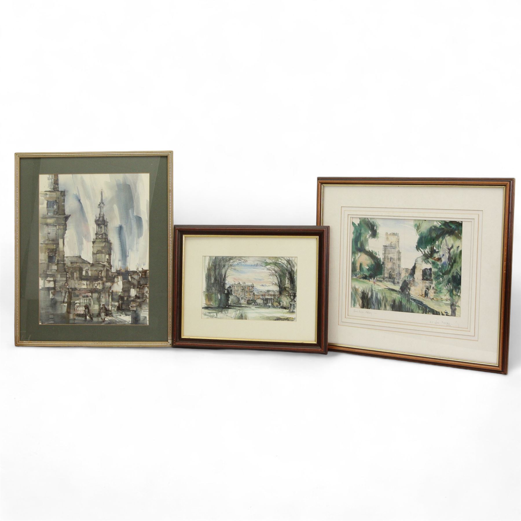 Harold Wharfe (British 20th century): 'Newby Hall - Ripon' 'Fountains Abbey' and 'All Saints Church', three watercolours signed and inscribed max 46cm x 33cm (3)