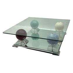 Barker & Stonehouse - contemporary glass coffee table, square top supported by four multicoloured marble spheres, each elevated on layered acrylic pedestal over mirrored base, on square clear supports