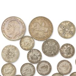 Approximately 300 grams of Great British pre 1947 silver coins, including two King George V 1935 crowns, florins etc