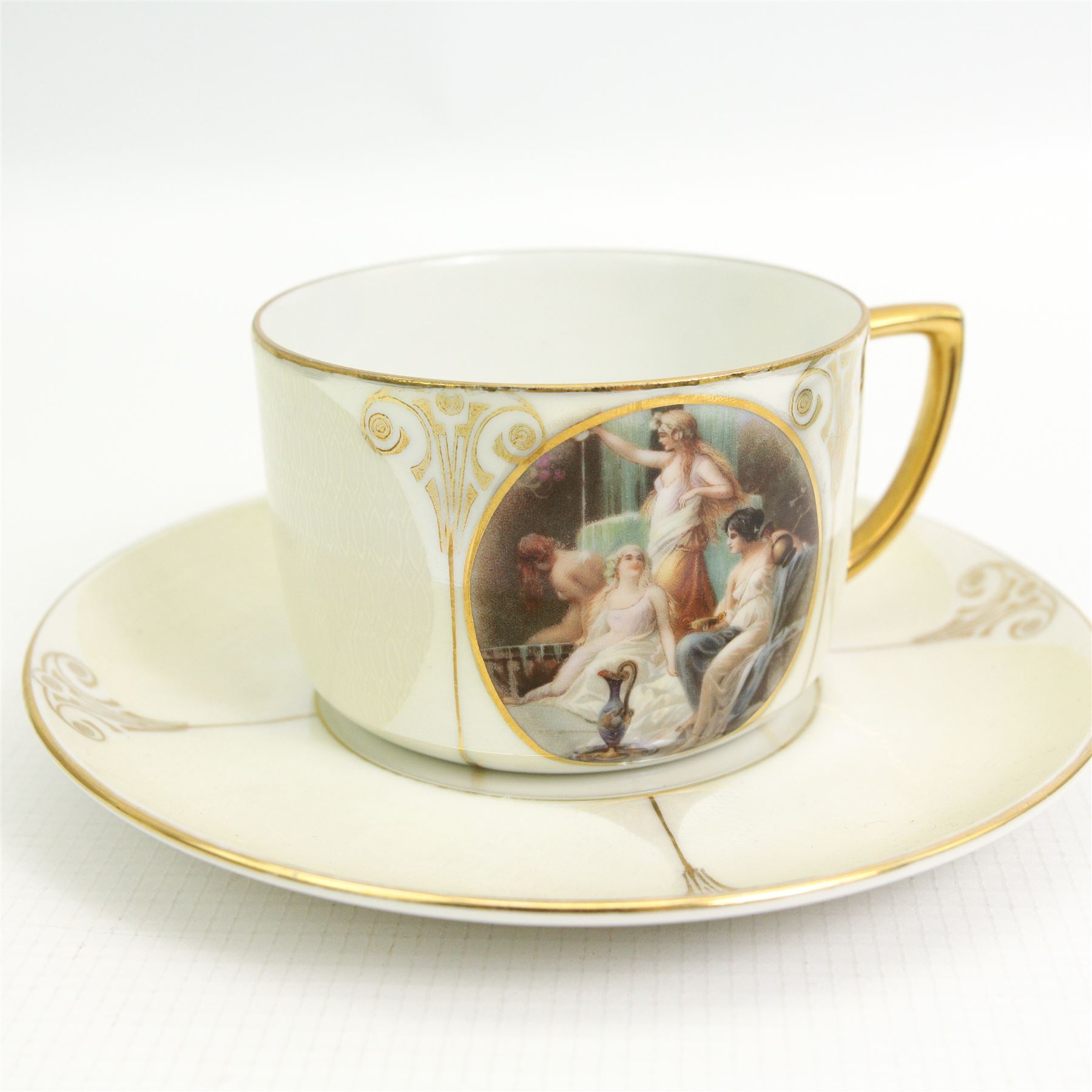  Czechoslovakian lustre and gilt decorated tea set for twelve, each printed with Vienna style classical panels, lacking one saucer 