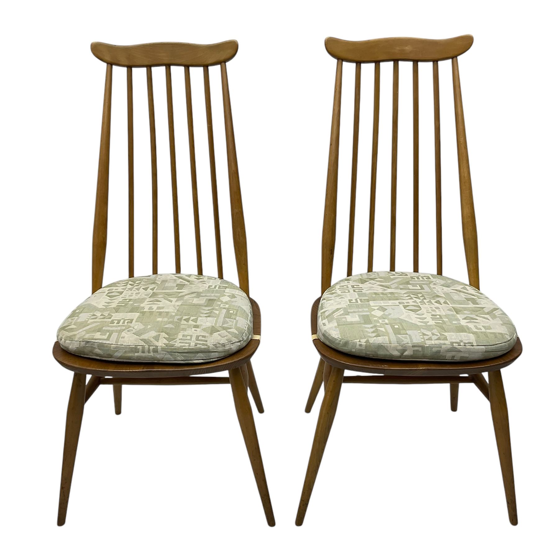 Lucian Ercolani for Ercol - set of four (2+2) 1960s elm and beech dining chairs, high comb back with shaped cresting rail, on turned splayed supports united by swell-turned stretchers 