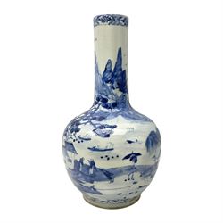 Late 18th/early 19th century Chinese blue and white bottle vase, decorated with a landscape scene containing dwellings, prunus and pine trees, boats and bridges, and populated with figures, with character mark beneath, H35cm