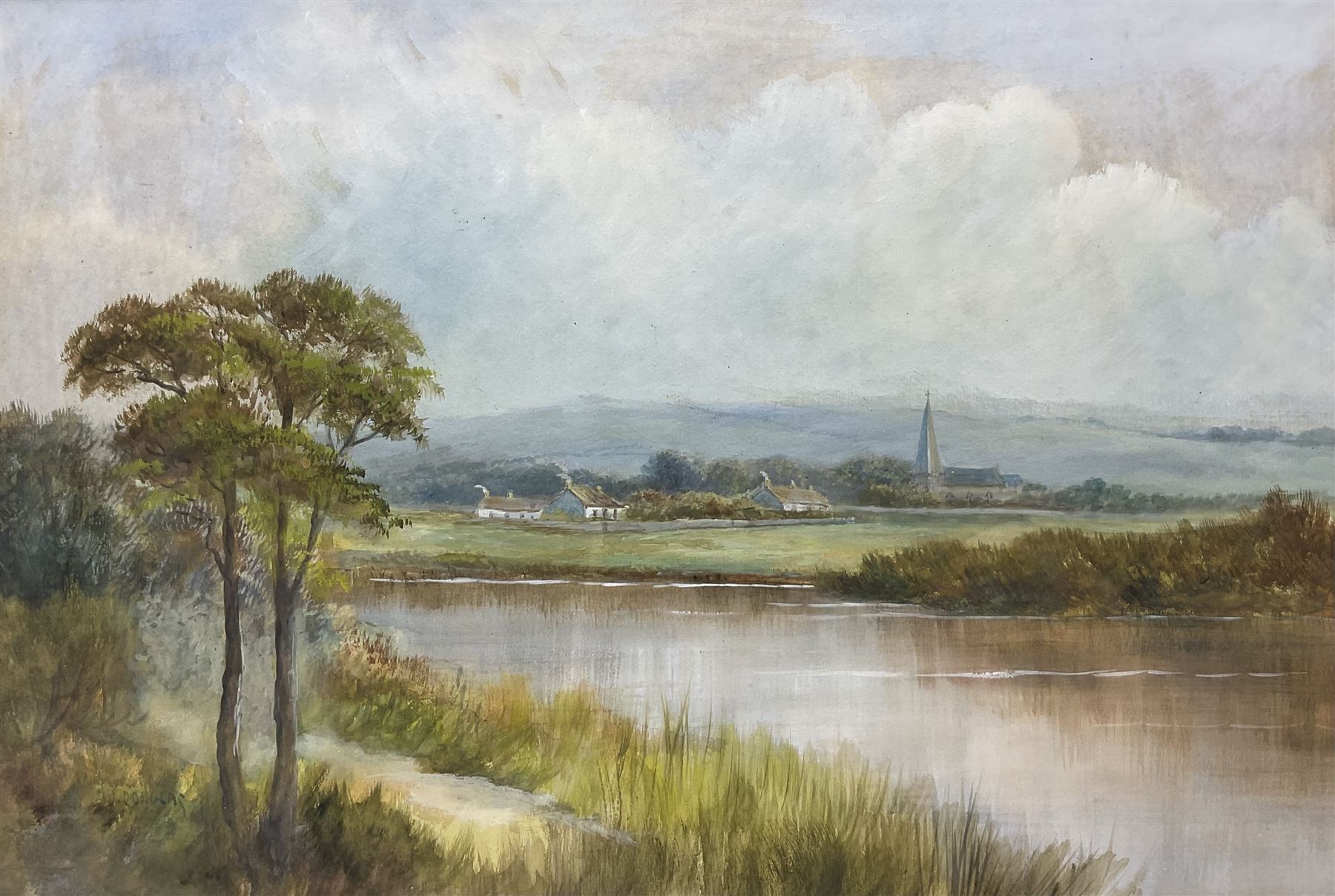 James Douglas (Scottish 1858-1911): Village by the Riverside, watercolour signed 28cm x 42cm 