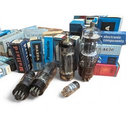 Large collection of thermionic valves/vacuum tubes, by various makers, mostly wrapped in bubble wrap with identifying stickers, together with a collection of empty valve boxes including Pinnacle, Mullard etc