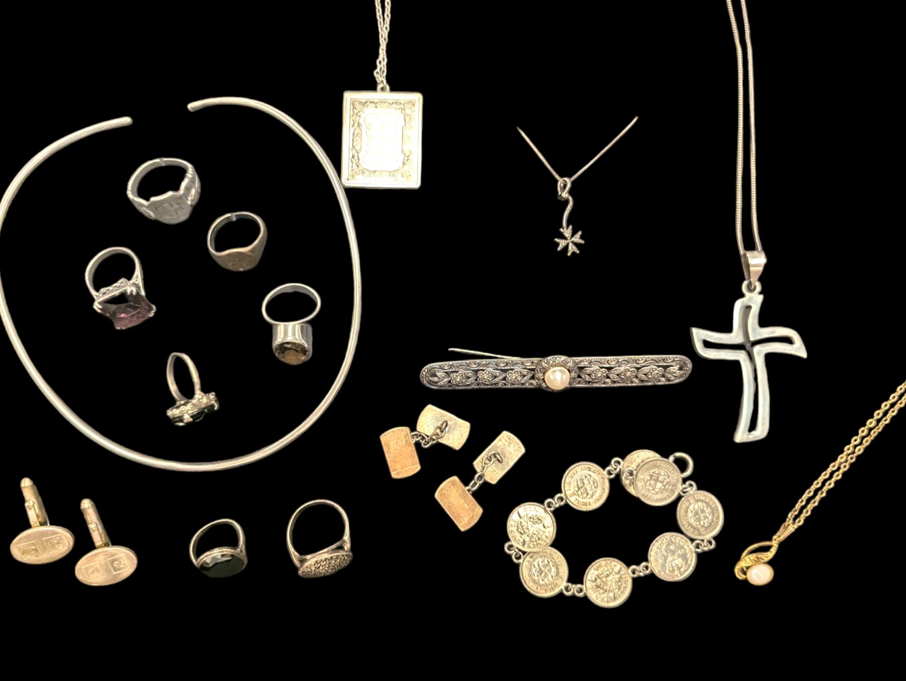 Silver and costume jewellery, including stone set rings, cross necklace, cufflinks, marcasite pearl brooch etc