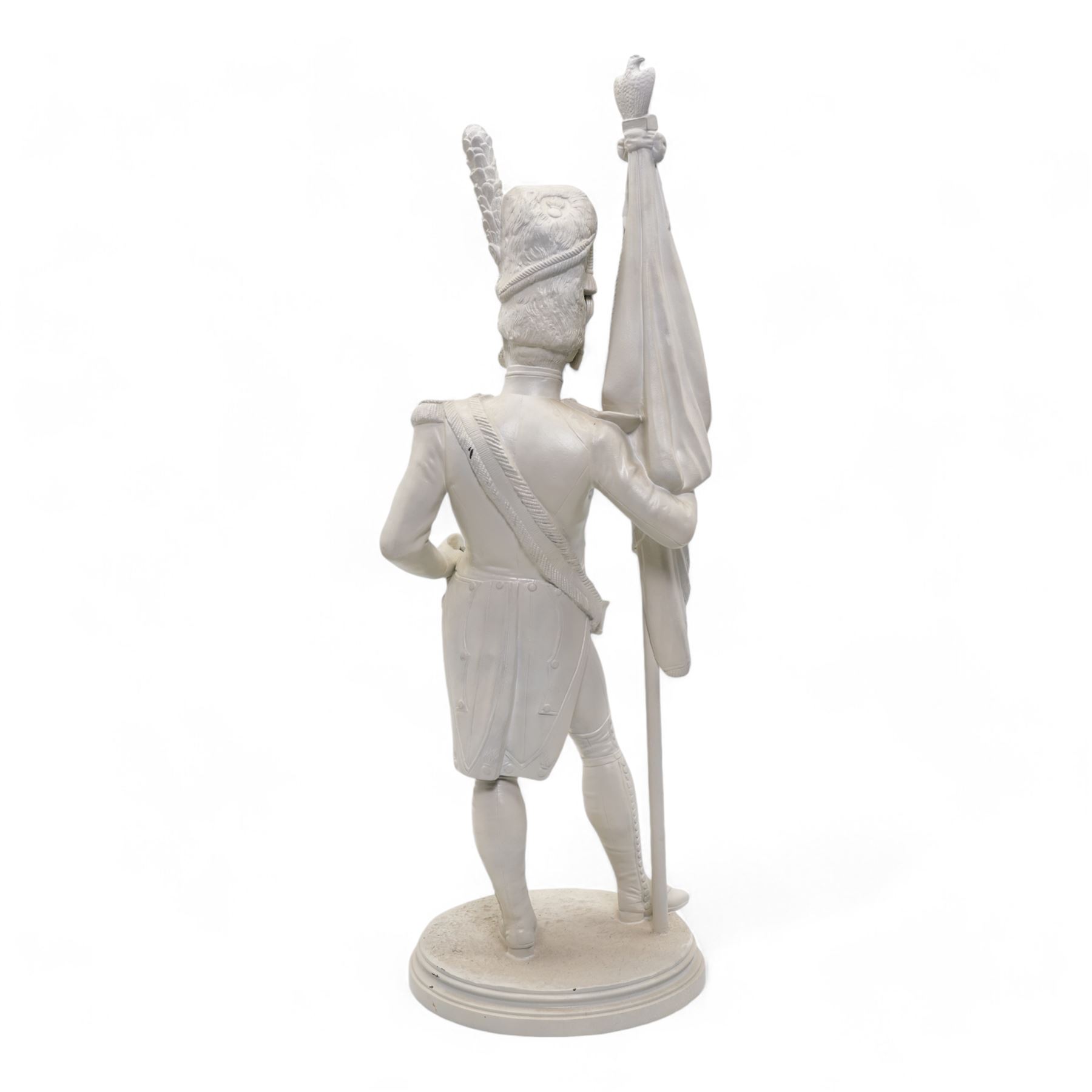 Large painted cast metal model of a Napoleonic Old Guard Grenadier standard bearer, H64cm 