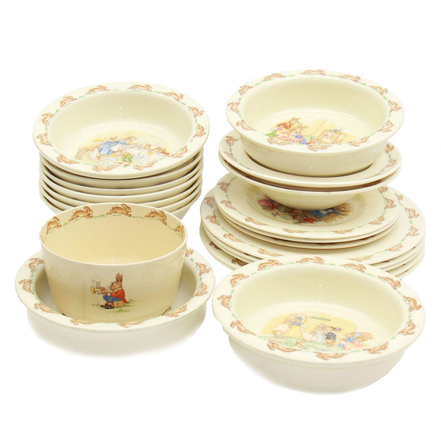 Royal Doulton bunny dinner wares, including four baby bowls, plates of various sizes, bowls etc 