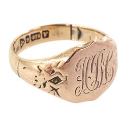 Early 20th century 9ct rose gold shield design signet ring, with engraved monogrammed initials, Chester 1921