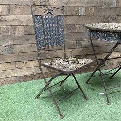 Circular metal garden table with tile top and matching chair, weathered - THIS LOT IS TO BE COLLECTED BY APPOINTMENT FROM DUGGLEBY STORAGE, GREAT HILL, EASTFIELD, SCARBOROUGH, YO11 3TX