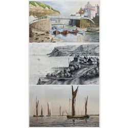 F Preston (British 20th Century): 'Staithes - The Beck', watercolour signed, titled and dated 1977 verso 17cm x 37cm; Roy Williams (British 20th Century): 'Robin Hood's Bay', charcoal signed and dated '92, 21cm x 30cm; together with a watercolour of barges signed 'Turner' (3)