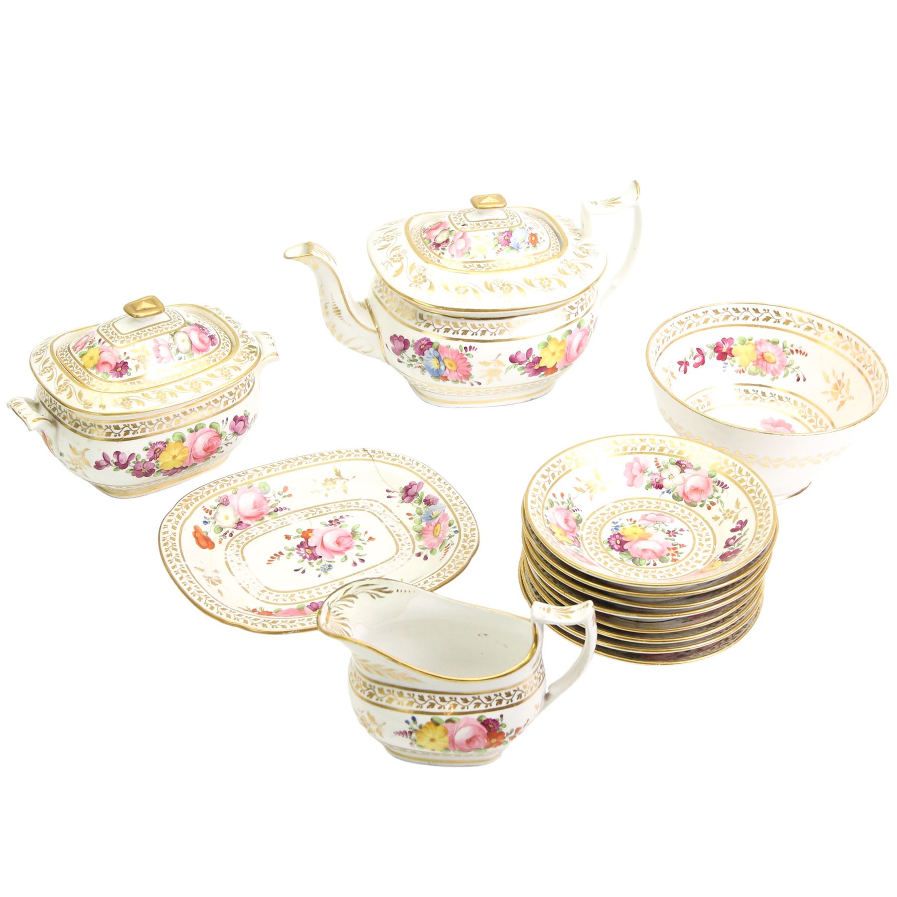 Early 19th century English porcelain tea service, hand painted with floral sprays within trailing gilt borders, comprising teapot and stand, slop bowl, sucrier, milk jug and eight saucers 