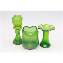 Three Austrian Art Nouveau green iridescent glass vases, to include two Loetz examples and a taller twisted and dimpled example, attributed to Franz Welz, tallest H18cm (3)