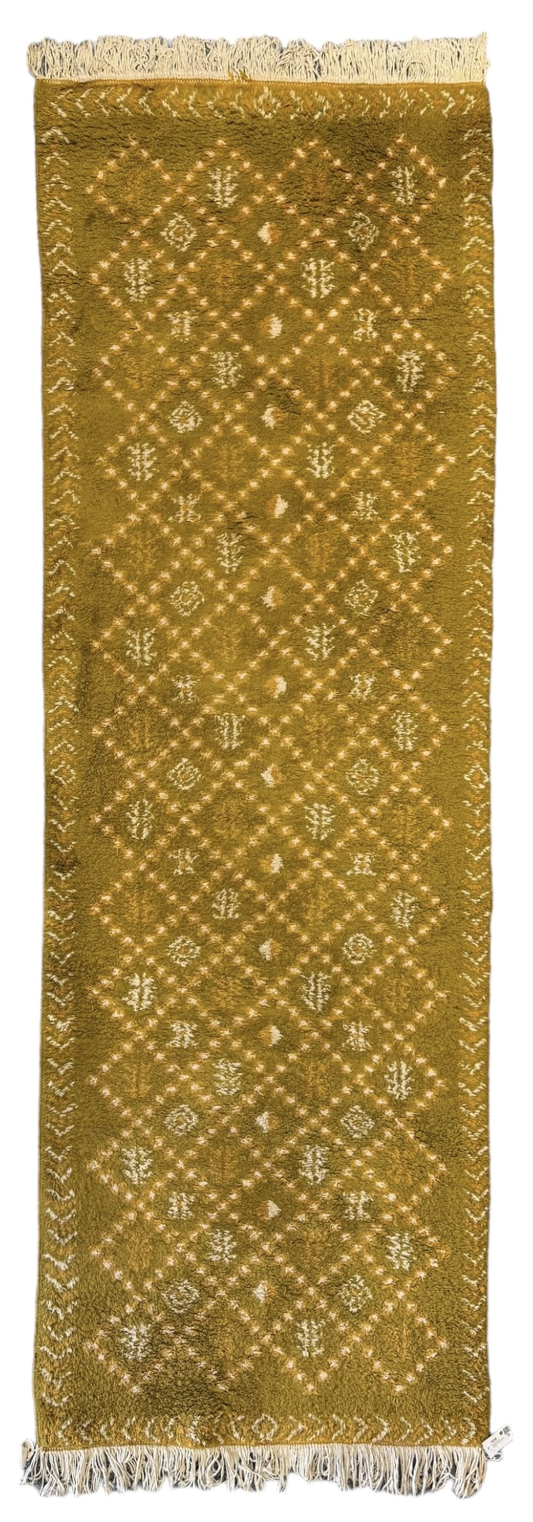 Moroccan citrine ground thick pile runner rug, the field decorated with geometric design and interspersed tribal motifs, enclosed by a chevron pattern guard band