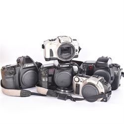 Five Canon EOS camera bodies, comprising EOS IX serial no. 0306280, EOS IX7 serial no. 1505354, EOS 3 serial no. 2743904, and two EOS 5 examples, serial nos. 1096604 & 9701653