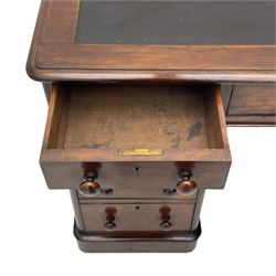 Victorian mahogany twin pedestal desk, moulded rectangular top with inset leather writing surface, nine drawers each fitted with two turned handles, on moulded plinth base 