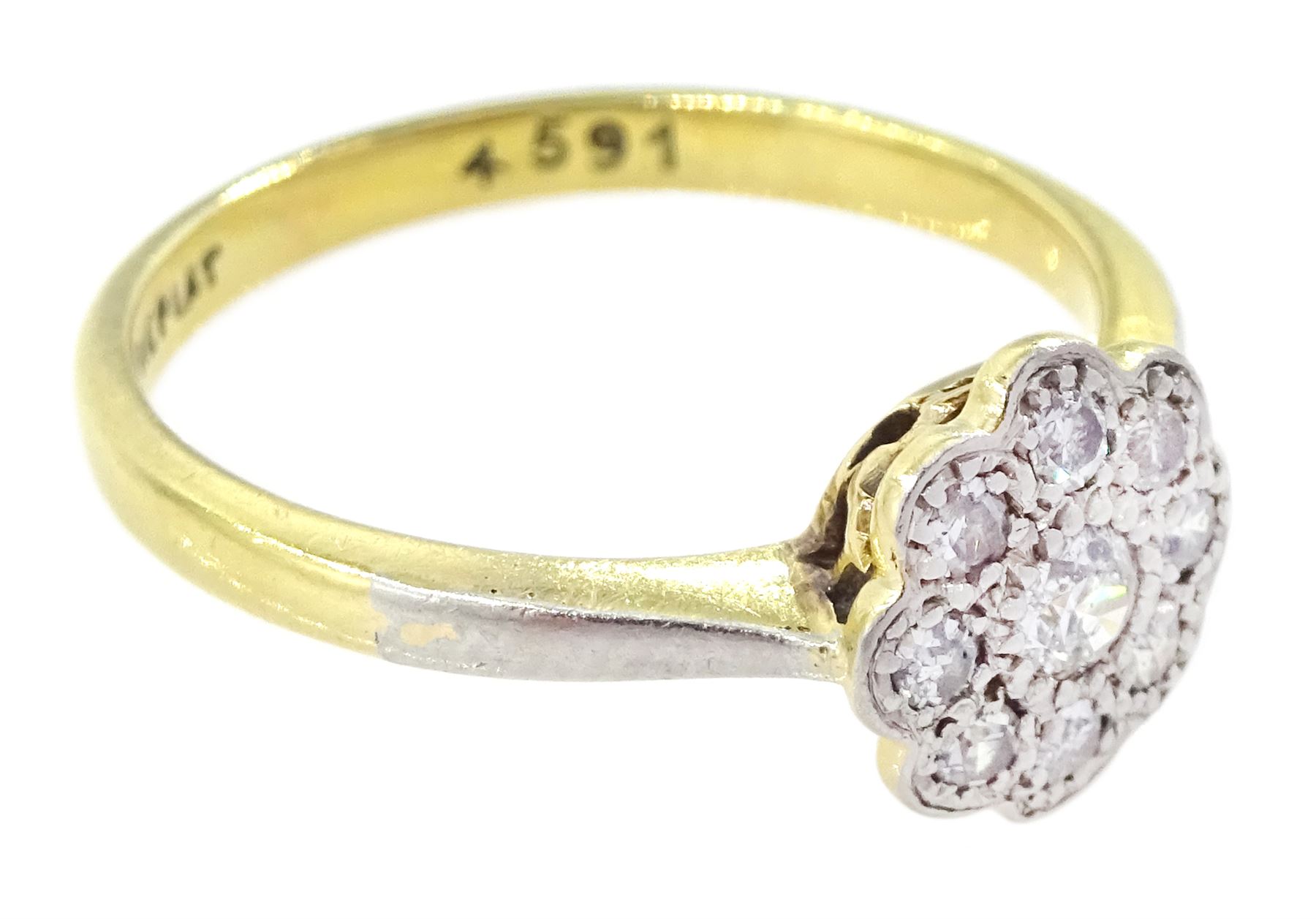 Early - mid 20th century milgrain set transitional cut diamond daisy cluster ring, stamped 18ct Fine Plat, total diamond weight approx 0.25 carat