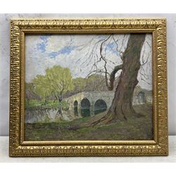 Thomas La Dell (British 1883-1971): Country Park with Stone Bridge, oil on canvas board signed 41cm x 49cm 
Notes: Thomas was the father of Thomas Edwin La Dell ARA (1914-1970), he is listed as a 'Sheffield-born bookbinder' and 'still life painter' along with his wife Ellen. He exhibited at the Royal Academy between 1949-1967; his inaugural exhibit in 1949 was entitled 'The Old Elm' (No.938), which, owing to the James Bourlett label verso, may well be the present lot