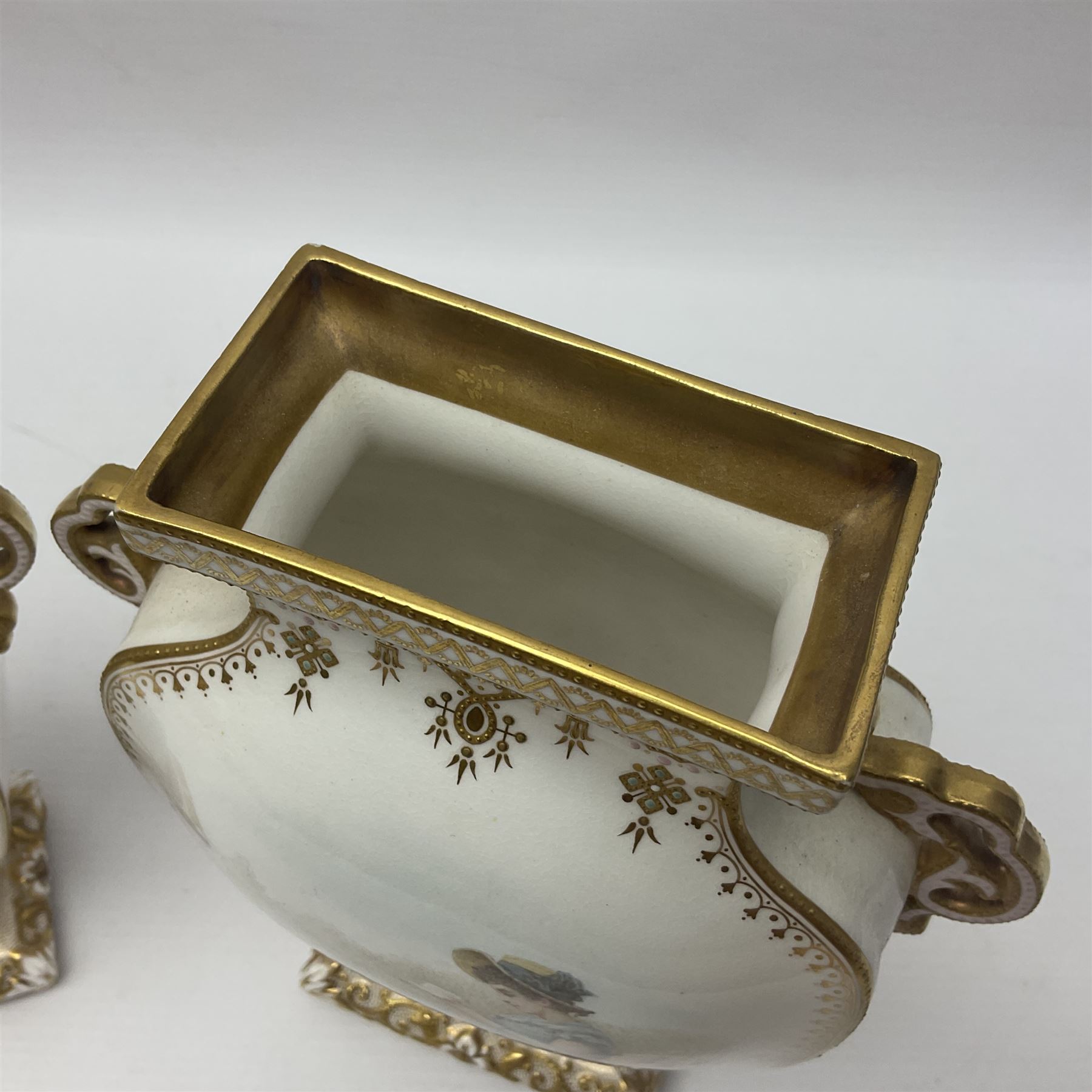 Pair of Copelands enamel jeweled twin handle vases, each decorated with a seated female figures, makers mark beneath, H22cm