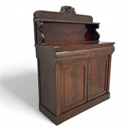 Victorian mahogany chiffonier, projecting scroll-carved cresting rail with central shell m...